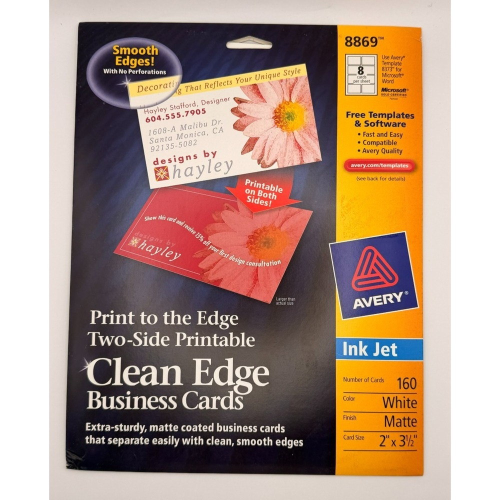 Avery 8869 Clean Edge Business Cards Inkjet Matte White 160 Cards 2-Sided